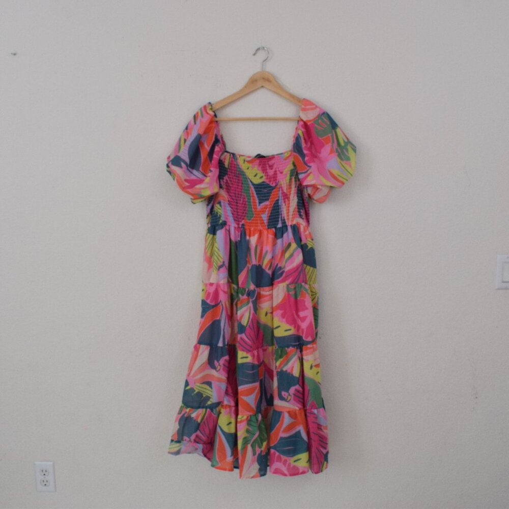 Crystal Doll‎ Brigh Floral Dress Square Neck Puff Sleeves Midi Dress XL